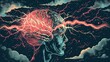 Illustration of a brain with lightning bolts shooting through it, representing the agony of cluster headaches.