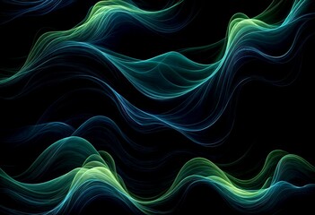Poster - Blue and Green Glowing Waves on a Dark Background