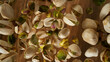 Falling of pistachio nuts, close-up, wide super macro shot