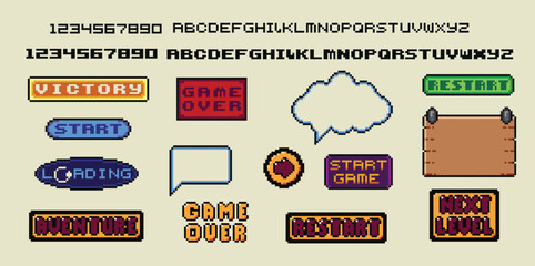 Fototapete - Pixel art frames. Retro 8 bit buttons, arrows, speech bubble messages and quote frame. Game UI vector template set of pixel game frame, 8 bit message illustration