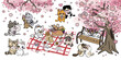 Cat couple in the sakura garden Vector illustration