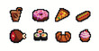 Restaurant dishes pixel art set. Meat, fast food collection. Food menu. 8-bit sprite. Game development, mobile app. Isolated vector illustration.