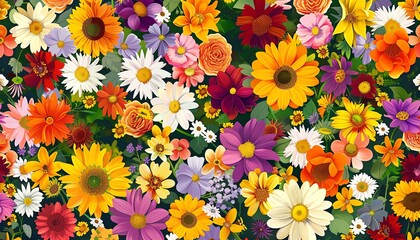 Generate an image of a colorful backdrop made of mixed summer flowers, including sunflowers and daisies, for a lively festival scene. clean background