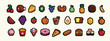 Food pixel art 80s style icons element design stickers, logo, mobile app, menu. Game assets 8-bit sprite sheet. Fast food, seafood, pastries, ice cream, meat, fruit vector illustration.