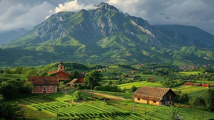 Wall Mural -   A picturesque panorama of a mountain range with a home in the foreground and a church in the distance