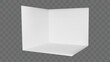 3d white booth stand corner room with wall and floor mockup. Empty display exhibition box interior template. Cube showroom presentation. Expo kiosk panel to exhibit or promotion. Conference stage area