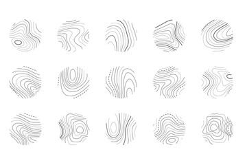 Wood tree ring pattern texture icon. Trunk with annual circle line of age pictogram. Topography stump collection. Man contour with concentric geometric symbol for stories cover. Wavy structure set