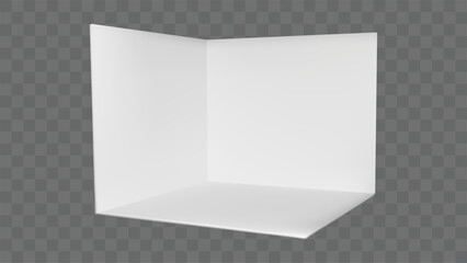 3d white booth stand corner room with wall and floor mockup. Empty display exhibition box interior template. Cube showroom presentation. Expo kiosk panel to exhibit or promotion. Conference stage area