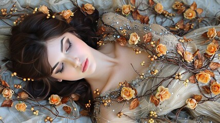 Poster -   A stunning woman reclines atop a bed, beside a floral crown and an array of vibrant orange roses