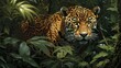 A jaguar emerging from dense rainforest foliage, its spotted coat catching dappled sunlight