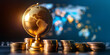 Planet on sale, golden earth globe next to gold coins, success in business, wealth in economy, excess in banking, growth of international finance, money rules the world