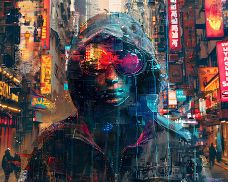 Craft a digital collage merging CG 3D elements of clandestine agents with photorealistic street art infused with nanotechnology, creating a modern espionage masterpiece