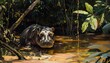 A pygmy hippo basking in a shallow riverbed under the rainforest canopy