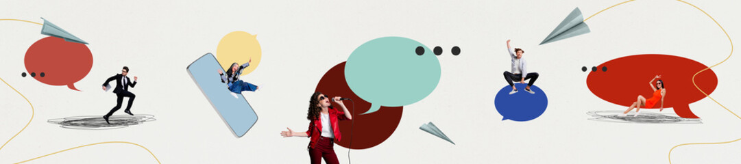 Poster - Banner collage picture of funny cheerful crazy people chatting speaking have fun weekend isolated on drawing background