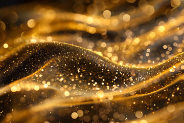 Poster - Luxurious golden glitter wave background with sparkling bokeh and shimmering texture for festive celebration. Abstract pattern. And bright shiny decoration. Perfect for holiday backdrop. Party