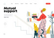 Mutual Support: Book Swap -modern flat vector concept illustration of a woman leaving books on a shelf in hallway for neighbors A metaphor of voluntary, collaborative exchanges of resource, services