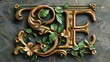 © Ashi - 3d medieval and nouveau style alphabet letter collection: decorative letter 'e' adorned with intricate flowers and leaves - unique typography illustration for design projects
