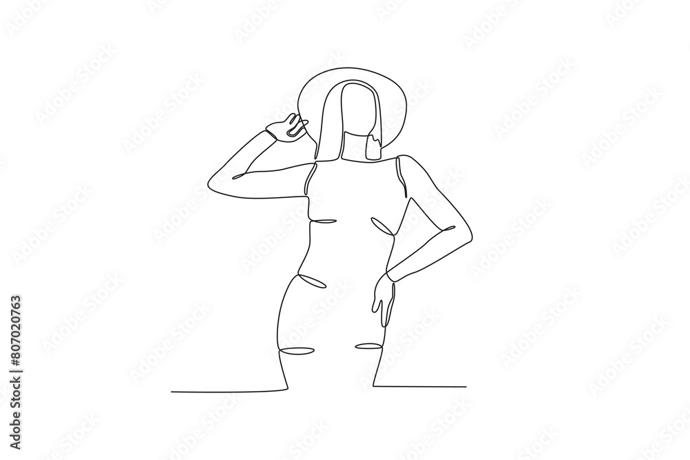 Continuous one line drawing of Woman wearing a dress and round hat ...