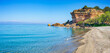 Beautiful beach and water bay in the greek spectacular coast of Peloponnese. Turquoise blue transparent water, unique rocky cliffs, Greece summer top travel destination