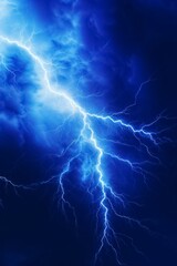 Wall Mural - Lightning bolt or electric thunderbolt strikes in a stormy and cloudy blue night sky isolated on a dark background. Generative AI.