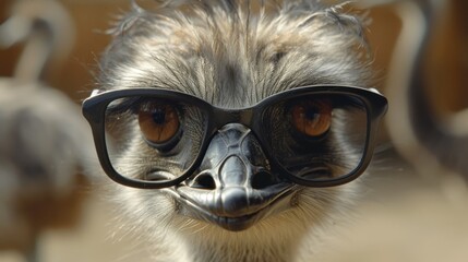 Poster -   An ostrich wearing glasses; one in the background