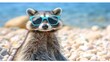   Raccoon on pebble beach, dons sunglasses; body of water behind