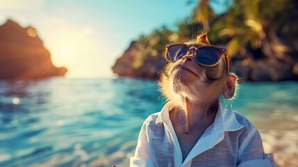 Wall Mural -   Monkey on beach shore, dons sunglasses, gazes skyward Rock formation background