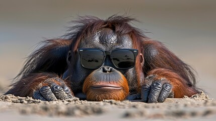  A tight shot of a monkey wearing sunglasses, situated in a sandy expanse before it