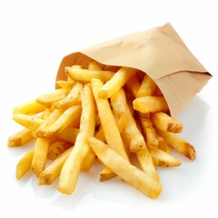 A brown paper bag filled to the brim with hot, fresh french fries, golden and crispy