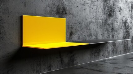 Wall Mural -   A yellow shelf rests against a cement wall, adjacent to a black shelf Both shelves feature a yellow hue