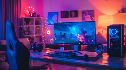 Poster - Wide gaming console table image with colorful neon busy room background, pc computer screens with headphones and accessories around