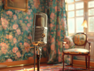 In a room draped in pastel hues a vintage microphone stands poised ready to channel the classic sounds and stories of the past into the present. Generative ai.