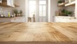 © DruZhi Art - A kitchen interior with a wooden counter and blurred background, focusing on an empty space illuminated by natural light, suitable for displaying kitchen products or food presentations