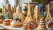 An imaginative pastry shop with pastries resembling famous monuments from around the world