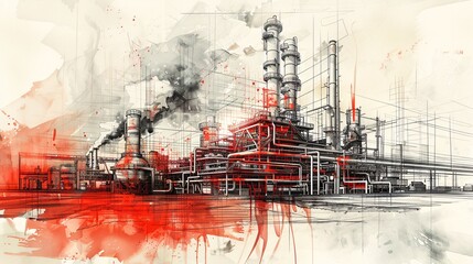Wall Mural - Hand-drawn industrial innovation sketch with black and red fineliners, portraying modern industry. Adequate text space provided