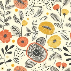 Naklejka na meble Vibrant Botanical Illustration with Floral and Leaf Patterns