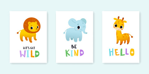 Wall Mural - cute baby animals poster set. cartoon vector prints collection with african animals.