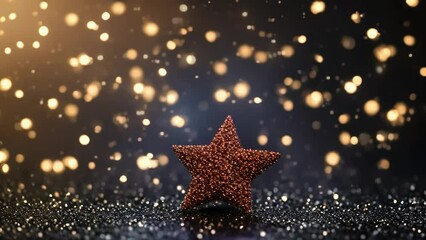 Wall Mural - Golden Shiny Star with Small Star Shiny Particles Flying Around on Black Background: Loopable Animated 4K Video