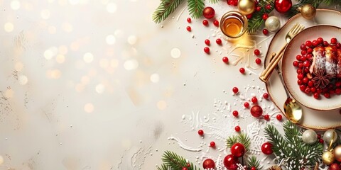 elegant christmas dinner setup with plate of festive dessert, surrounded by decorations and bokeh li