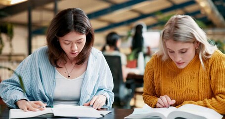 Poster - University, tablet and women with books at campus cafe for research, planning or homework project with teamwork. College, friends or girl students with notebook search, help or writing study notes