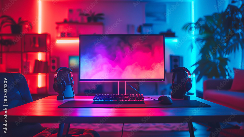 Gaming Computer Back Screen Wide gaming console table image with colorful neon busy room background ...