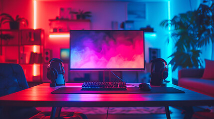 Wide gaming console table image with colorful neon busy room background, pc computer screens with headphones and accessories around