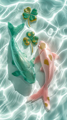 free space for title banner with Surreality, on the shimmering white water surface, there are two pink and gold fish