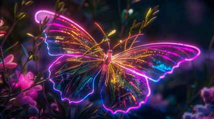 Wall Mural - vibrant neon butterfly fluttering in the night: luminous wings illuminated against dark background, 