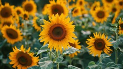 Wall Mural - Sunny delight: vibrant sunflowers in full bloom, nature's radiance captured in stunning detail, floral background illustration ideal for print, web, and design projects