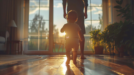 Little baby walking to his father at home