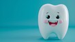 cute tooth character smiling on blue background, copy space