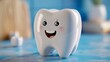 3d smiling white tooth character on blue background