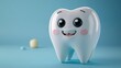 3d smiling white tooth character on blue background, dental care concept