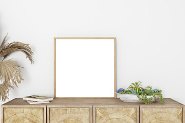 Wall Mural - Square Frame Mock Up Images, interior mockup in boho style, 3d render